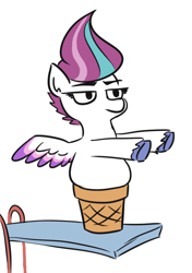 Size: 508x720 | Tagged: safe, artist:jargon scott, zipp storm, pegasus, pony, g5, my little pony: a new generation, diving board, female, ice cream cone, mare, patrick star, reference, simple background, solo, spongebob reference, spongebob squarepants, the fry cook games, unshorn fetlocks, white background