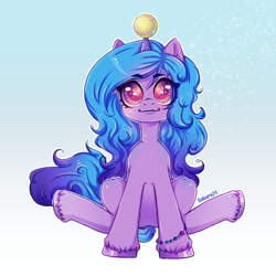 Size: 1280x1280 | Tagged: safe, artist:sakuro24, izzy moonbow, pony, unicorn, g5, my little pony: a new generation, ball, colored pupils, cute, female, heart eyes, horn, horn impalement, hornball, izzy's tennis ball, izzybetes, mare, simple background, sitting, solo, tennis ball, white background, wingding eyes