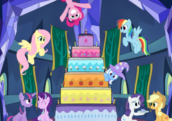 Size: 7016x4961 | Tagged: safe, artist:laykeen, derpibooru exclusive, applejack, fluttershy, pinkie pie, rainbow dash, rarity, starlight glimmer, trixie, twilight sparkle, alicorn, earth pony, pegasus, pony, unicorn, g4, cake, castle, food, happy birthday mlp:fim, mane six, mlp fim's eleventh anniversary, twilight sparkle (alicorn), twilight's castle