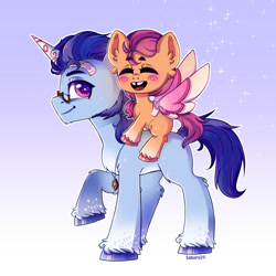 Size: 1280x1280 | Tagged: safe, artist:sakuro24, argyle starshine, sunny starscout, earth pony, pony, g5, my little pony: a new generation, blank flank, blushing, cardboard wings, chest fluff, chin fluff, cute, duo, ear fluff, eyes closed, fake horn, fake wings, father and child, father and daughter, female, filly, filly sunny starscout, leg fluff, male, open mouth, ponies riding ponies, profile, riding, stallion, sunny starscout riding argyle starshine, sunnybetes, tooth gap, younger