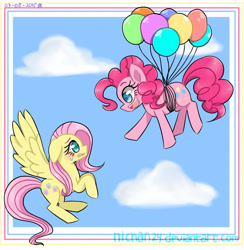 Size: 1386x1422 | Tagged: safe, artist:nichandesu, fluttershy, pinkie pie, earth pony, pegasus, pony, g4, :d, balloon, cute, diapinkes, duo, eyelashes, female, floating, mare, open mouth, open smile, shyabetes, smiling, then watch her balloons lift her up to the sky, wings