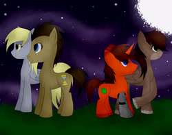 Size: 2755x2176 | Tagged: safe, artist:lucky-em, derpy hooves, doctor whooves, time turner, oc, earth pony, pony, unicorn, g4, amputee, female, full moon, high res, horn, male, mare, moon, night, outdoors, prosthetic leg, prosthetic limb, prosthetics, stallion, stars, unicorn oc, unshorn fetlocks
