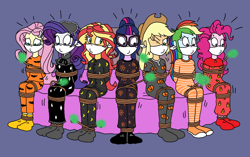 Size: 2658x1664 | Tagged: safe, artist:bugssonicx, applejack, fluttershy, pinkie pie, rainbow dash, rarity, sci-twi, sunset shimmer, twilight sparkle, ghost, human, undead, equestria girls, g4, bedroom bondage, bondage, cloth gag, clothes, female, footed sleeper, footie pajamas, gag, haunted, haunted house, haunted mansion, help us, humane five, humane seven, humane six, nightgown, one eye closed, onesie, over the nose gag, pajamas, rainbond dash, rope, rope bondage, sleep mask, sleepover, slumber party, socks, stocking feet, sweat, sweatdrop, teary eyes, tied up, tying, wide eyes
