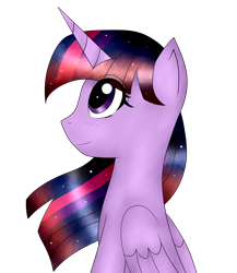 Size: 2280x2631 | Tagged: safe, artist:lucky-em, twilight sparkle, alicorn, pony, g4, bust, ethereal mane, eyelashes, female, high res, horn, mare, simple background, smiling, solo, starry mane, transparent background, twilight sparkle (alicorn), wings