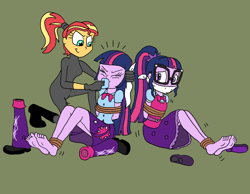 Size: 1528x1187 | Tagged: safe, artist:bugssonicx, sci-twi, sunset shimmer, twilight sparkle, human, equestria girls, g4, arm behind back, barefoot, bondage, bound and gagged, catsuit, cloth gag, clothes, eyes closed, feet, female, gag, gagging, help us, rope, rope bondage, shoes, sock gag, socks, stuffed gag, tied up, twolight