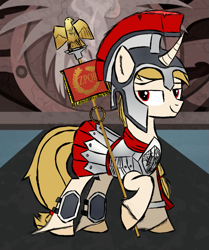 Size: 857x1024 | Tagged: safe, artist:uncreative, oc, oc only, oc:regal inkwell, pony, unicorn, armor, clothes, costume, male, roman, smug, solo, spqr