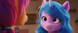 Size: 1920x804 | Tagged: safe, screencap, izzy moonbow, sunny starscout, earth pony, pony, unicorn, g5, my little pony: a new generation, spoiler:my little pony: a new generation, 3d, duo, eye contact, female, horn, looking at each other, mare, staring contest