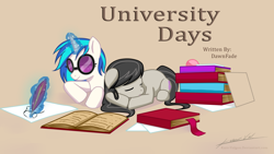 Size: 1024x576 | Tagged: safe, artist:kare-valgon, dj pon-3, octavia melody, vinyl scratch, earth pony, pony, unicorn, fanfic:university days, g4, book, drawing, fanfic, fanfic art, fanfic cover, fanfic in the source, female, lesbian, levitation, lying down, magic, mare, prone, ship:scratchtavia, shipping, sleeping, sunglasses, telekinesis