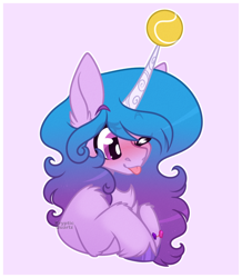 Size: 986x1129 | Tagged: safe, artist:krypticquartz, izzy moonbow, pony, unicorn, g5, my little pony: a new generation, spoiler:my little pony: a new generation, ball, blushing, bracelet, chest fluff, ear fluff, izzy's tennis ball, jewelry, one eye closed, simple background, solo, tennis ball, tongue out, white background