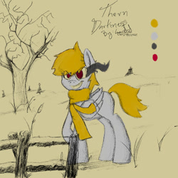 Size: 1000x1000 | Tagged: safe, artist:igorbanette, oc, oc only, oc:thorn darkness, pegasus, pony, clothes, eye mist, fence, scarf, solo, tree