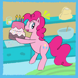 Size: 1200x1200 | Tagged: safe, artist:duckchip, pinkie pie, earth pony, pony, g4, bipedal, cake, candle, female, flour, food, kitchen, open mouth, solo, sprinkles, surprised