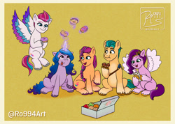 Size: 1920x1365 | Tagged: safe, artist:ro994, hitch trailblazer, izzy moonbow, pipp petals, sunny starscout, zipp storm, earth pony, pegasus, pony, unicorn, g5, my little pony: a new generation, spoiler:my little pony: a new generation, adorapipp, adorazipp, cute, donut, eating, female, flying, food, glowing, glowing horn, herbivore, horn, male, mane five, mare, phone, royal sisters (g5), siblings, sisters, stallion, that pony sure does love donuts, tongue out