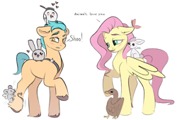 Size: 2712x1831 | Tagged: safe, artist:vetta, angel bunny, fluttershy, hitch trailblazer, kenneth, bird, butterfly, duck, earth pony, mouse, pegasus, pony, rabbit, g4, g5, my little pony: a new generation, spoiler:g5, spoiler:my little pony: a new generation, animal, blushing, critter magnet, cute, dialogue, duo, female, floppy ears, flutterhitch, g4 to g5, heart, high res, looking at someone, male, mare, open mouth, raised hoof, shipping, simple background, sitting on head, stallion, standing, straight, the new fluttershy, unshorn fetlocks, white background, wings