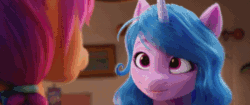 Size: 640x268 | Tagged: safe, edit, edited screencap, screencap, izzy moonbow, sunny starscout, earth pony, pony, unicorn, g5, my little pony: a new generation, spoiler:my little pony: a new generation, 3d, animated, awww, cute, daaaaaaaaaaaw, duo, eye contact, female, floppy ears, gif, horn, izzybetes, looking at each other, loop, mare, personal space invasion, reversed, staring contest, sunnybetes