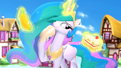Size: 3840x2160 | Tagged: safe, artist:owlpirate, princess celestia, alicorn, pony, g4, 3d, banana, bananalestia, cake, cakelestia, decision, do you like bananas?, food, glowing, glowing horn, herbivore, high res, hoof shoes, horn, ponyville, source filmmaker, that princess sure does love cake