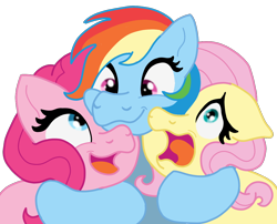 Size: 1072x866 | Tagged: safe, artist:doodledonutart, fluttershy, pinkie pie, rainbow dash, earth pony, pegasus, pony, g4, group, group hug, happy, hug, looking up, open mouth, screaming, simple background, transparent background