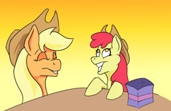 Size: 2782x1800 | Tagged: safe, artist:paleheart-arts, apple bloom, applejack, earth pony, pony, g4, applejack's hat, cowboy hat, female, filly, hat, hearth's warming eve, mare, missing freckles, present, siblings