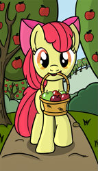 Size: 511x895 | Tagged: safe, artist:sirvalter, apple bloom, earth pony, pony, g4, apple, apple tree, basket, female, filly, food, orchard, tree