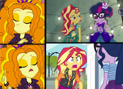 Size: 1784x1284 | Tagged: safe, adagio dazzle, sci-twi, sunset shimmer, twilight sparkle, equestria girls, equestria girls series, forgotten friendship, g4, legend of everfree, sunset's backstage pass!, text support, spoiler:eqg series (season 2), angry, friendshipping, furious, music festival outfit, op is a duck, rageset shimmer, shrunken pupils, smiling, smirk, smug, smugset shimmer, yelling