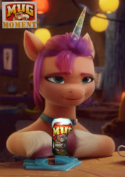 Size: 951x1343 | Tagged: safe, artist:twinet, edit, edited screencap, screencap, sunny starscout, earth pony, pony, g5, my little pony: a new generation, 3d, confident, cool, cropped, fake horn, female, mare, meme, mug moment, mug root beer, pegasus crystal, root beer, smiling, smirk, smug, soda, solo, sunny smugscout