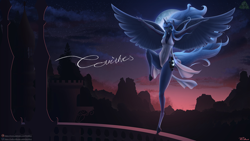 Size: 1500x844 | Tagged: safe, artist:terithes, princess luna, anthro, unguligrade anthro, g4, accessory, balcony, bracelet, breasts, busty princess luna, eyelashes, glowing cutie mark, hoof shoes, hooves, jewelry, large wings, legs, lidded eyes, lips, long legs, moon, moonrise, night, pose, side slit, sideboob, solo, spread wings, sunset, tail, thighs, tiara, total sideslit, underass, windswept mane, windswept tail, wings
