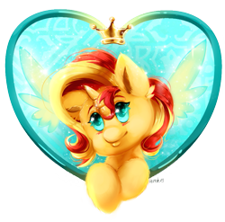 Size: 841x830 | Tagged: safe, artist:hemastral, sunset shimmer, pony, blushing, bust, crown, cute, ear fluff, heart, heart eyes, jewelry, leg fluff, portrait, regalia, shimmerbetes, simple background, solo, transparent background, wingding eyes, wings