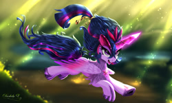Size: 2000x1200 | Tagged: safe, artist:darksly, twilight sparkle, alicorn, keldeo, pony, g4, chest fluff, commission, flying, fusion, glowing, glowing horn, horn, mythical pokémon, open mouth, pokémon, twilight sparkle (alicorn), underhoof