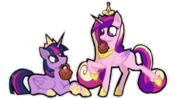 Size: 1745x981 | Tagged: safe, artist:ximsketchs, princess cadance, twilight sparkle, alicorn, pony, g4, basket, crown, duo, female, heart, hoof shoes, jewelry, lying down, mare, mouth hold, no pupils, prone, regalia, simple background, sisters-in-law, transparent background, twilight sparkle (alicorn)
