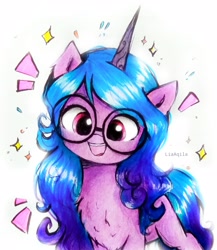 Size: 2215x2556 | Tagged: safe, artist:liaaqila, izzy moonbow, pony, unicorn, g5, my little pony: a new generation, spoiler:my little pony: a new generation, chest fluff, cute, emanata, female, glasses, high res, izzybetes, liaaqila is trying to murder us, mare, open mouth, open smile, simple background, smiling, solo, sparkles, traditional art, white background