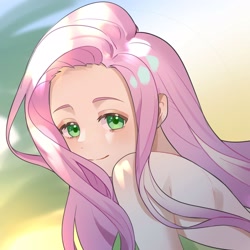 Size: 2362x2362 | Tagged: artist needed, source needed, safe, fluttershy, human, beautiful, blushing, cute, female, high res, humanized, lidded eyes, looking at you, shyabetes, smiling, solo