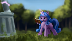 Size: 4000x2250 | Tagged: safe, artist:flusanix, izzy moonbow, lord tirek, pony, unicorn, g4, g5, my little pony: a new generation, spoiler:my little pony: a new generation, book, female, glowing, glowing horn, grass, horn, implied cozy glow, implied queen chrysalis, magic, mare, solo focus, statue, tree