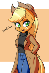 Size: 600x900 | Tagged: safe, artist:melliedraws, applejack, earth pony, anthro, g4, applejack's hat, clothes, coat, cowboy hat, cute, hand in pocket, hat, heart nostrils, jackabetes, jeans, pants, signature, simple background, smiling, solo, sweater, turtleneck