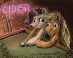 Size: 1024x806 | Tagged: safe, artist:obsequiosity, applejack, rarity, earth pony, pony, unicorn, g4, billiards, female, game, implied lesbian, implied rarijack, implied shipping, pool table