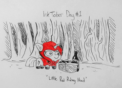 Size: 2041x1481 | Tagged: safe, artist:tjpones, twilight sparkle, pony, unicorn, g4, basket, clothes, female, filly, hood, inktober, inktober 2021, little red riding hood, monochrome, partial color, picnic basket, solo, traditional art, twiggie
