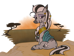 Size: 780x594 | Tagged: safe, artist:jargon scott, oc, oc only, oc:matriarch zeg'us, pony, zebra, female, lidded eyes, looking at you, looking back, looking back at you, mare, sitting, solo, zebra oc