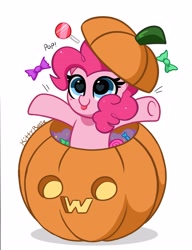 Size: 2942x3826 | Tagged: safe, alternate version, artist:kittyrosie, pinkie pie, earth pony, pony, :p, blushing, candy, cute, diapinkes, female, food, halloween, heart eyes, hiding, high res, holiday, lollipop, mare, owo, pumpkin, simple background, smiling, solo, tongue out, white background, wingding eyes