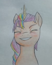 Size: 2526x3143 | Tagged: safe, artist:public mistake, sunny starscout, alicorn, pony, g5, my little pony: a new generation, alicornified, bust, eyes closed, female, grin, high res, horn, magic horn, mare, race swap, smiling, solo, sunnycorn, traditional art