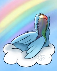 Size: 800x1000 | Tagged: safe, artist:kalabash92, part of a set, rainbow dash, pegasus, pony, g4, cloud, female, looking at something, looking away, lying down, lying on a cloud, mare, on a cloud, on side, rainbow, raised hoof, rear view, signature, solo, supporting head, wings