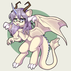 Size: 1326x1324 | Tagged: safe, artist:yaya, oc, oc only, oc:sharlight twiler, dracony, dragon, hybrid, claws, crystal horn, dracony oc, female, glasses, horn, jewelry, looking at you, multicolored eyes, necklace, open mouth, purple mane, solo, wings