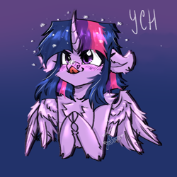 Size: 2000x2000 | Tagged: safe, artist:glotasha, twilight sparkle, alicorn, pony, g4, art, blushing, chest fluff, commission, cute, floppy ears, high res, illustration, snow, solo, twilight sparkle (alicorn), wings, your character here