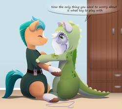 Size: 1145x1021 | Tagged: safe, artist:binkyroom, hitch trailblazer, oc, oc:fossil fluster, earth pony, pony, g5, adult foal, bedroom, commission, cute, diaper, diaper fetish, dressing up, eyes closed, fetish, happy, hoof fluff, non-baby in diaper, onesie, smiling, text, wardrobe