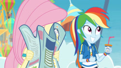 Size: 3410x1920 | Tagged: safe, screencap, fluttershy, rainbow dash, equestria girls, equestria girls specials, g4, my little pony equestria girls: better together, my little pony equestria girls: rollercoaster of friendship, clothes, cute, cutie mark, cutie mark on clothes, dashabetes, eyes closed, female, geode of super speed, grin, high res, hoodie, jewelry, magical geodes, necklace, smiling