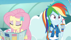 Size: 3410x1920 | Tagged: safe, screencap, fluttershy, rainbow dash, equestria girls, equestria girls specials, g4, my little pony equestria girls: better together, my little pony equestria girls: rollercoaster of friendship, clothes, cutie mark, cutie mark on clothes, eyes closed, female, geode of fauna, geode of super speed, hairpin, high res, hoodie, jewelry, magical geodes, necklace, smiling