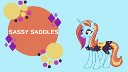 Size: 4400x2475 | Tagged: safe, artist:koolfrood, edit, editor:quoterific, vector edit, sassy saddles, pony, unicorn, g4, board, female, high res, mare, simple background, slender, solo, text, thin, vector, wallpaper