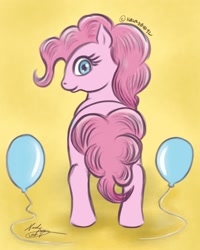 Size: 720x900 | Tagged: safe, artist:kalabash92, part of a set, pinkie pie, earth pony, pony, g4, abstract background, balloon, looking at you, looking back, looking back at you, rear view, solo