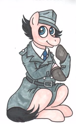 Size: 2109x3415 | Tagged: safe, artist:garrett-strangelove, pony, clothes, don adams, hat, high res, hoof gloves, inspector gadget, necktie, ponified, sitting, solo, traditional art, trenchcoat