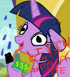 Size: 651x719 | Tagged: safe, edit, edited screencap, screencap, twilight sparkle, g4, 1000 hours in ms paint, album cover, hashtag, money, rain, text, tongue out, wide eyes