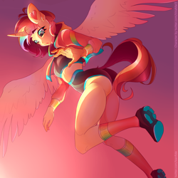 Size: 2000x2000 | Tagged: safe, artist:leanfide, oc, oc only, alicorn, anthro, alicorn oc, clothes, female, high res, hoodie, horn, multicolored hair, not fluttershy, rainbow hair, shoes, simple background, sky, sneakers, solo, stockings, tail, thigh highs, watermark, wings