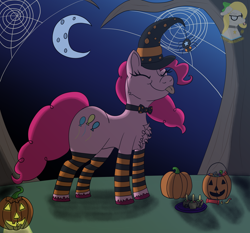 Size: 2064x1923 | Tagged: safe, artist:gray star, derpibooru exclusive, pinkie pie, g4, apple, bowtie, candy, candy apple, clothes, food, halloween, holiday, jack-o-lantern, leggings, pumpkin, spider web, witch costume