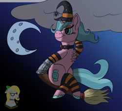 Size: 1600x1450 | Tagged: safe, artist:gray star, derpibooru exclusive, oc, oc:candy chip, cyborg, pony, unicorn, the sunjackers, broom, chest fluff, clothes, cloud, female, flying, flying broomstick, hat, horn, leggings, moon, unicorn oc, witch costume, witch hat